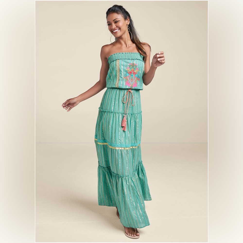 VENUS embroidered maxi dress in turquoise, Mexican party dress, size small